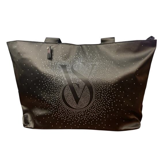 Victoria's Secret Tote Bag Black Bling Rhinestone VS logo Carryall Travel NWT - Picture 3 of 12